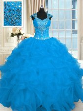 Fancy Cap Sleeves Beading and Ruffles Lace Up Quince Ball Gowns