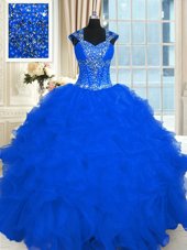 Decent Straps Cap Sleeves 15 Quinceanera Dress Floor Length Beading and Ruffles Royal Blue Organza