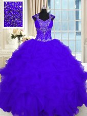 Dramatic Floor Length Purple Ball Gown Prom Dress Straps Cap Sleeves Lace Up