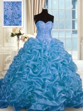 Shining Blue Ball Gowns Organza Sweetheart Sleeveless Beading and Pick Ups Lace Up Quince Ball Gowns Sweep Train