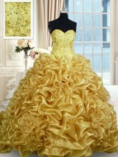 Charming Gold Sleeveless With Train Beading and Pick Ups Lace Up Quinceanera Dress