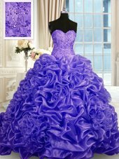 Amazing Purple Ball Gowns Beading and Pick Ups Quinceanera Gown Lace Up Organza Sleeveless