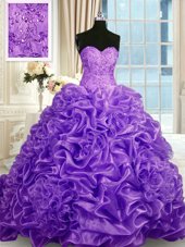 Custom Design Pick Ups Sweetheart Sleeveless Sweep Train Lace Up Sweet 16 Quinceanera Dress Lavender Organza