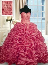 Wonderful Sleeveless Organza With Train Lace Up Quinceanera Dress in Red for with Beading and Pick Ups