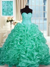 Adorable Turquoise Organza Lace Up Quince Ball Gowns Sleeveless With Train Beading and Pick Ups