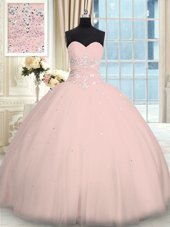 Deluxe Pink Sweetheart Neckline Beading Quince Ball Gowns Sleeveless Lace Up