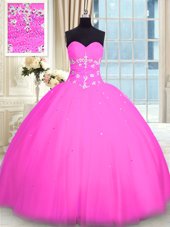 Latest Appliques Ball Gown Prom Dress Pink Lace Up Sleeveless Floor Length