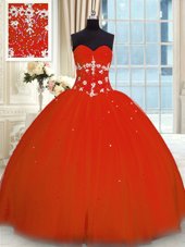 Fantastic Sleeveless Tulle Floor Length Lace Up Sweet 16 Dress in Rust Red for with Appliques