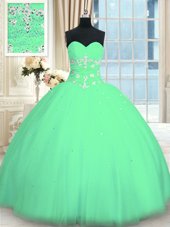Vintage Floor Length Turquoise 15 Quinceanera Dress Tulle Sleeveless Appliques