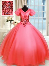 Customized Coral Red Lace Up Vestidos de Quinceanera Appliques Short Sleeves Floor Length