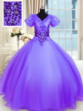 Lavender Lace Up Sweet 16 Dress Appliques Short Sleeves Floor Length