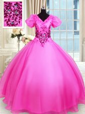 Deluxe Short Sleeves Lace Up Floor Length Appliques Sweet 16 Dress