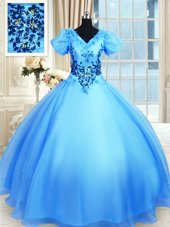 Spectacular Baby Blue Short Sleeves Appliques Floor Length Quince Ball Gowns