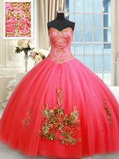 Best Selling Floor Length Lace Up Vestidos de Quinceanera Coral Red and In for Military Ball and Sweet 16 with Beading and Appliques and Embroidery