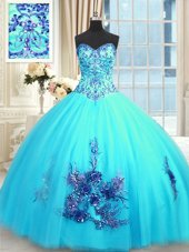 Flirting Tulle Sweetheart Sleeveless Lace Up Beading and Appliques and Embroidery Quince Ball Gowns in Baby Blue
