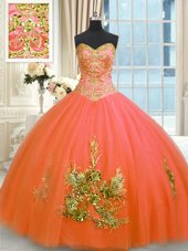 Best Selling Sleeveless Floor Length Beading and Appliques and Embroidery Lace Up Sweet 16 Dress with Orange