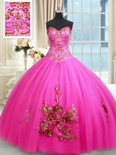 Nice Sweetheart Sleeveless Vestidos de Quinceanera Floor Length Beading and Appliques and Embroidery Hot Pink Tulle