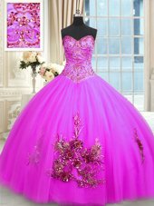 Fantastic Fuchsia Ball Gowns Tulle Sweetheart Sleeveless Beading and Appliques and Embroidery Floor Length Lace Up Sweet 16 Dresses