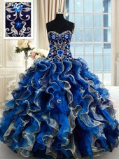 Vintage Beading and Ruffles Sweet 16 Dress Multi-color Lace Up Sleeveless Floor Length