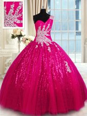 Custom Made One Shoulder Sleeveless Floor Length Appliques Lace Up Quince Ball Gowns with Hot Pink