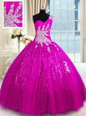 Latest One Shoulder Fuchsia Lace Lace Up Sweet 16 Dresses Sleeveless Floor Length Appliques