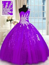 Colorful One Shoulder Purple Sleeveless Tulle and Sequined Lace Up Quince Ball Gowns for Military Ball and Sweet 16 and Quinceanera
