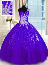 Fashionable Tulle and Sequined One Shoulder Sleeveless Lace Up Appliques Quince Ball Gowns in Purple
