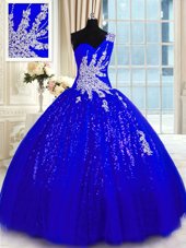 Glittering Royal Blue One Shoulder Lace Up Appliques Vestidos de Quinceanera Sleeveless