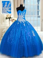 Fantastic One Shoulder Sleeveless Lace Up Quinceanera Dress Blue Tulle and Sequined