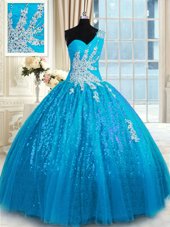 Artistic One Shoulder Sleeveless Floor Length Appliques Lace Up 15 Quinceanera Dress with Baby Blue