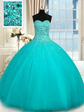 Enchanting Sweetheart Sleeveless Sweet 16 Quinceanera Dress Floor Length Beading Turquoise Tulle