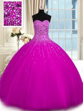 Captivating Fuchsia Sleeveless Floor Length Beading Lace Up Quinceanera Dress