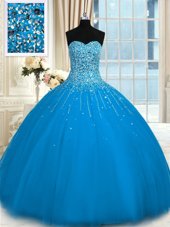 Hot Sale Sleeveless Tulle Floor Length Lace Up Quinceanera Dress in Teal for with Beading and Ruffles