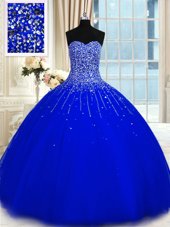 New Style Royal Blue Sleeveless Tulle Lace Up Quinceanera Gowns for Military Ball and Sweet 16 and Quinceanera