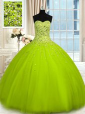 New Style Olive Green Tulle Lace Up 15 Quinceanera Dress Sleeveless Floor Length Beading