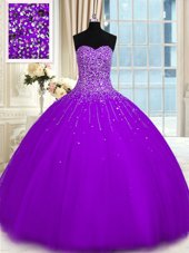 Flirting Purple Sleeveless Floor Length Beading Lace Up 15th Birthday Dress
