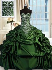 Sumptuous Olive Green Taffeta Zipper Sweetheart Sleeveless Floor Length Vestidos de Quinceanera Beading and Embroidery and Pick Ups