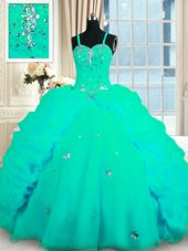 On Sale Turquoise Ball Gowns Organza Spaghetti Straps Sleeveless Beading and Ruffles With Train Lace Up 15 Quinceanera Dress Sweep Train