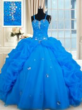 Affordable Floor Length Blue Quince Ball Gowns Organza Sleeveless Beading and Pick Ups