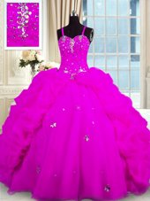 Captivating Fuchsia Ball Gowns Spaghetti Straps Sleeveless Organza Floor Length Lace Up Beading and Pick Ups Vestidos de Quinceanera