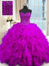 Traditional Sequins Sweetheart Sleeveless Lace Up Quinceanera Dress Purple Organza
