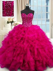 Fuchsia Lace Up Sweetheart Beading and Ruffles and Sequins Quinceanera Dresses Organza Sleeveless