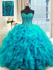 Sumptuous Baby Blue Organza Lace Up Sweet 16 Dresses Sleeveless Floor Length Beading and Ruffles and Sequins