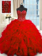 Affordable Red Ball Gowns Organza Sweetheart Sleeveless Beading and Ruffles and Sequins Floor Length Lace Up Sweet 16 Dresses
