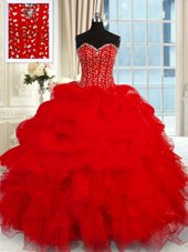 Discount Sweetheart Sleeveless Quinceanera Gown Floor Length Beading and Ruffles Wine Red Organza