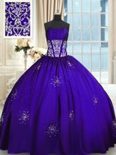 Smart Sleeveless Floor Length Beading and Appliques and Ruching Lace Up Quinceanera Gowns with Purple