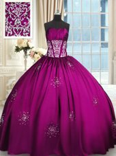 Vintage Fuchsia Strapless Lace Up Beading and Appliques and Ruching Quince Ball Gowns Sleeveless