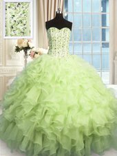 Romantic Yellow Green Quinceanera Dress Military Ball and Sweet 16 and Quinceanera and For with Beading and Ruffles and Sequins Sweetheart Sleeveless Lace Up