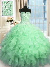 Fancy Apple Green Organza Lace Up Sweet 16 Quinceanera Dress Sleeveless Floor Length Beading and Ruffles and Sequins