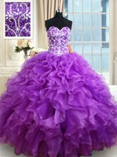 Romantic Organza Sweetheart Sleeveless Lace Up Beading and Ruffles Sweet 16 Dresses in Purple